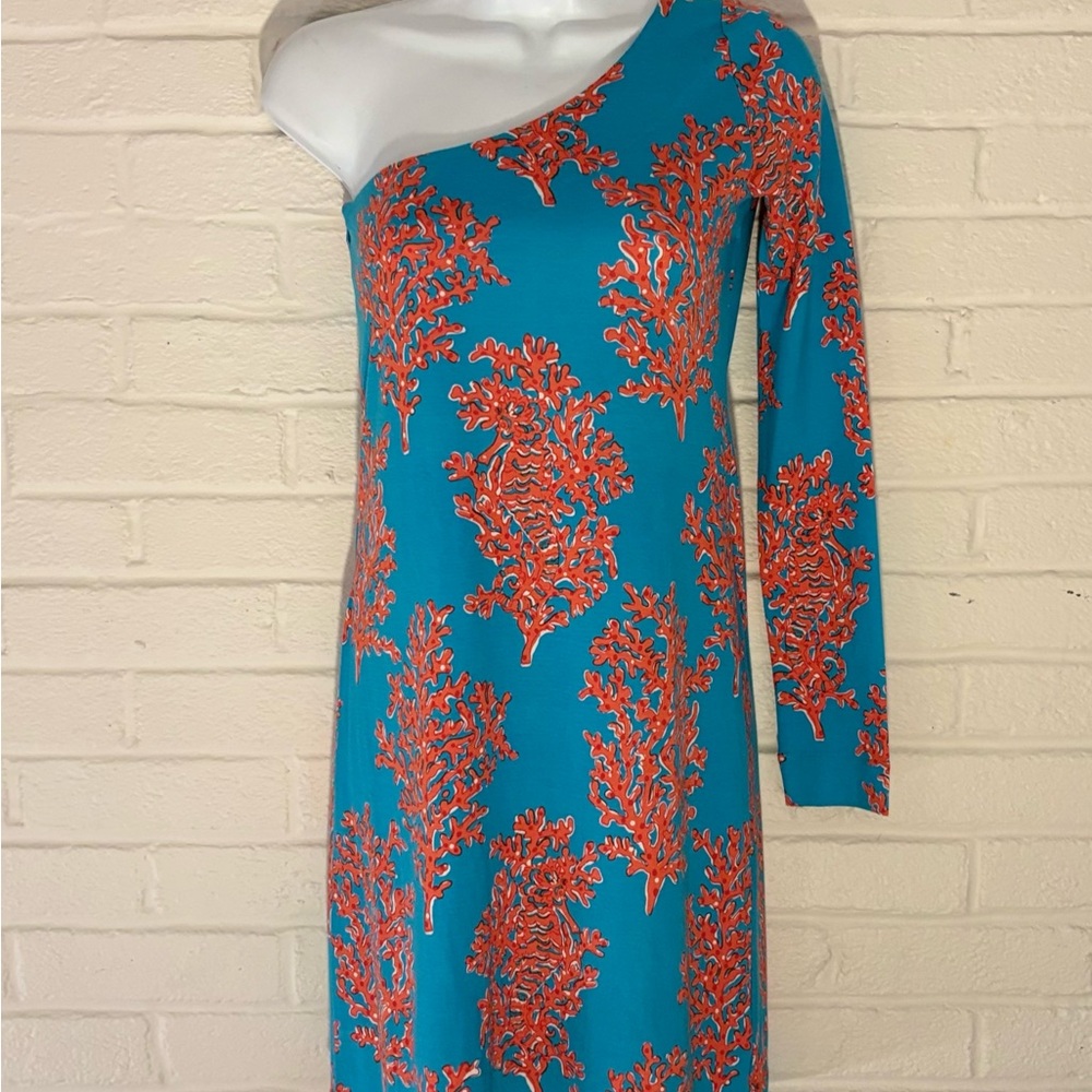 Lilly Pulitzer Whitaker One Shoulder Turquoise Coral Siesta Jersey Dress, XS - Picture 5 of 7